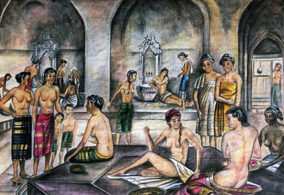 Türkisches Bad, Aquarell, osmanische Zivilisation von Ottoman School