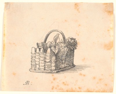 Ein geflochtener Korb mit Pflanzen und einem Buch von P.C. Skovgaard
