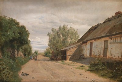 Die Randgebiete des Dorfes Vejby. Am Straßenrand der Maler J.Th. Lundbye beim Skizzieren von P.C. Skovgaard