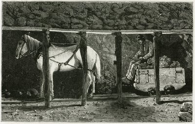 Innenansicht einer Galerie mit Berlaine. Gravur von Ferat zur Illustration der Geschichte „Belgien“ von Camille Lemonnier (1844-1913), belgischer Schriftsteller. Veröffentlicht in Le Tour du monde, nouveau journal des voyages, 2. Halbjahr 1884, herausgegeb von P. Ferat