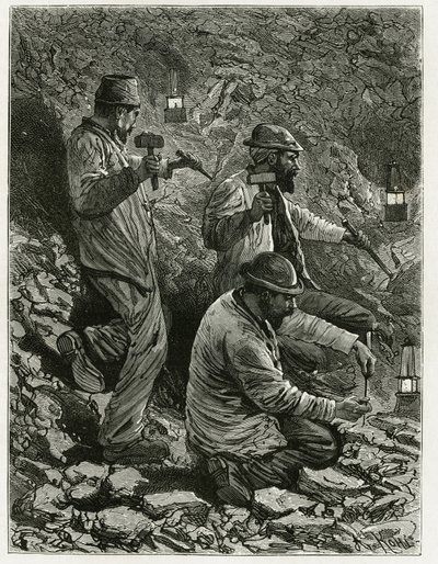 Bergleute beim Kohleabbau im Flöz. Gravur von Ferat zur Illustration der Geschichte „Belgien“ von Camille Lemonnier (1844-1913), belgischer Schriftsteller. Veröffentlicht in Le Tour du monde, nouveau journal des voyages, 2. Halbjahr 1884, herausgegeben von von P. Ferat