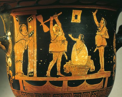 Apulischer Krater mit Theaterszene, Karikatur der Geburt von Helena im Ei, zugeschrieben dem Dijon-Maler, rotfigurige Keramik, Detail, aus Bari, Apulien, Italien, Antike griechische Zivilisation, Magna Graecia, 4. Jahrhundert v. Chr. von Painter Dijon