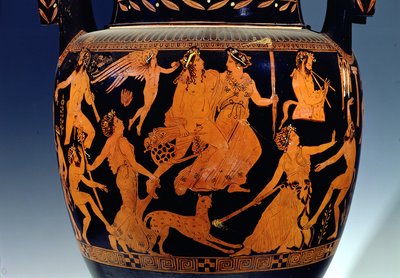 Attischer rotfiguriger Volutenkrater (Detail einer Szene von Schauspielern und Musikern, die sich auf eine Aufführung vorbereiten), griechisch, aus Ruvo, 5. Jahrhundert v. Chr. von Painter Pronomos