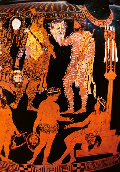Rotfiguriger Volutenkrater mit einem Schauspieler, der seine Maske hält, aus Ruvo, ca. 410 v. Chr. von Painter Pronomos