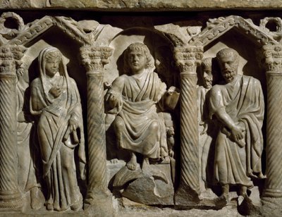 Frühchristlicher Sarkophag, auch bekannt als Sarkophag des Seligen Giles, Marmor, Oratorium von San Bernardino, Perugia, Umbrien, Detail, Italien, 4. Jahrhundert von Paleo Christian
