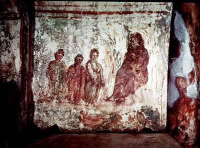 Frühchristliche Kunst: Moses wird von der Tochter des Pharao aus den Wassern des Nils gerettet. Fresko der Katakombe von Via Latina in Rom. 4. Jahrhundert von Paleo Christian