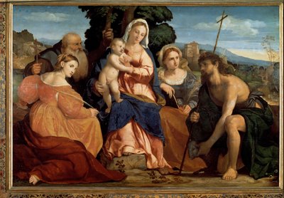 Jungfrau mit Kind mit St. Katharina und St. Celestine (links) und Johannes dem Täufer und Barbara (rechts) von Palma Il Giovane