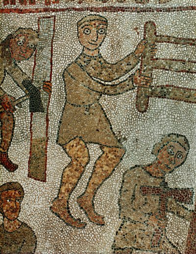 Zimmermann mit Säge, ein anderer mit Axt. Mosaik von Pantaleone Pantaleone