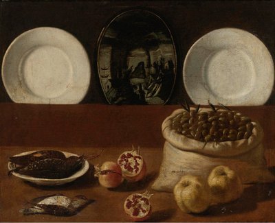 Stillleben mit Tellern, einem Sack voller Oliven, Wild, Granatäpfeln und Quitten von Paolo Antonio Barbieri