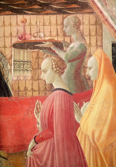 Geburt der Jungfrau: Dienerin und zwei Begleiter (Detail) von Paolo Uccello