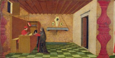 Predella der Profanation der Hostie: Die Christin wird gezwungen, ihren Mantel zum Preis der geweihten Hostie bei einem jüdischen Pfandleiher einzulösen (Detail) von Paolo Uccello