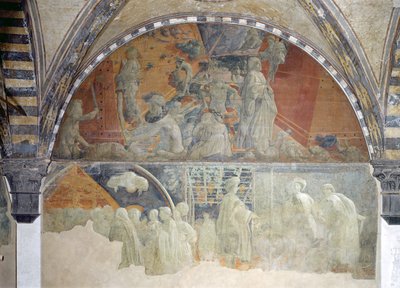 Die Flut und das Nachlassen der Wasser (oberer Abschnitt) Das Opfer und die Trunkenheit Noahs (unterer Abschnitt) Lünette von Paolo Uccello