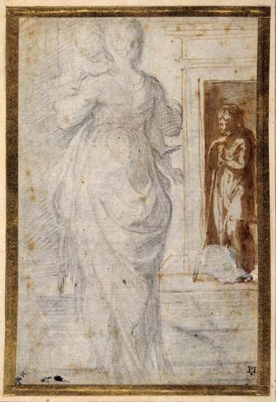 Rückansicht einer Frau mit einem Kind; ein Mann lehnt an seinem Stock und wartet in einer Tür von Parmigianino
