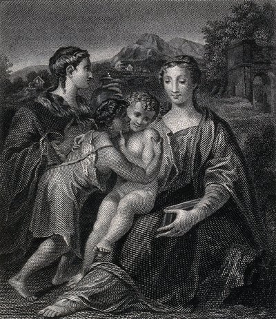 Die heilige Maria (die selige Jungfrau) mit dem Christuskind, dem heiligen Johannes dem Täufer und der heiligen Maria Magdalena. Kupferstich nach G. F. M. Mazzola, il Parmigianino. von Parmigianino