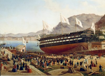 Einweihung des Schiffes Monarca im Arsenal von Castellammare in Neapel im Jahr 1854 (Detail) - Gemälde von Pasquale De Luca (19. Jahrhundert) Neapel, Museo Nazionale di San Martino von Pasquale de Luca