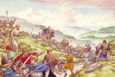 König Aethelfrith schickt Soldaten, um zwölfhundert Mönche zu töten von Pat (1907-95) Nicolle