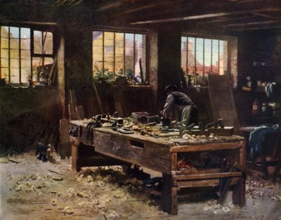 Die Werkstatt des Zimmermanns (Farblithografie) von Patrick William Adam