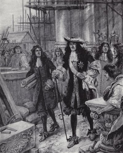 König Karl II. überwacht den Wiederaufbau der St. Pauls Kathedrale nach dem Großen Brand von London von Paul (after) Hardy