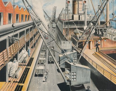 Entladen von Baumwolle an einem Dock in Manchester von Paul B. Mann