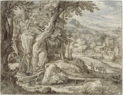Mühle auf einem Felsen bei einer Schlucht von Paul Bril