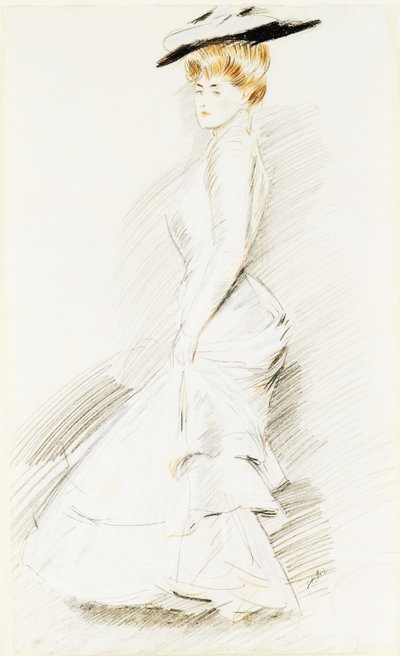 Eine elegante Dame in einem weißen Kleid von Paul Cesar Helleu