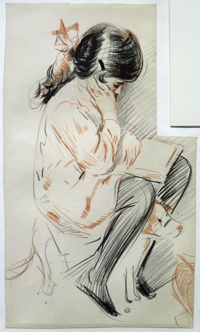 Paulette liest auf ihrem Spielzeughund sitzend von Paul Cesar Helleu
