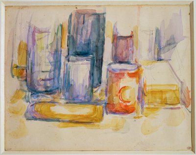 Ein Küchentisch, Töpfe und Flaschen von Paul Cézanne