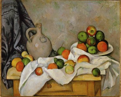 Vorhang, Krug und Schale mit Früchten von Paul Cezanne