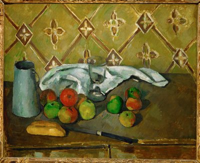 Früchte, Serviette und Krug mit Milch von Paul Cézanne