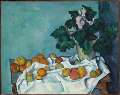 Stillleben mit Äpfeln und einem Topf Primeln von Paul Cézanne