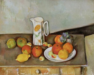 Stillleben: Milchkanne und Früchte auf einem Tisch von Paul Cézanne