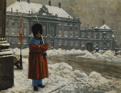 Ein königlicher Leibwächter im Dienst vor dem Königspalast Amalienborg, Kopenhagen von Paul Fischer