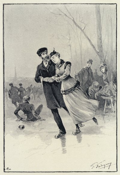 Illustration zu Anna Karenina: Levin und Kitty auf dem Eis (Lithografie) von Paul Frenzeny