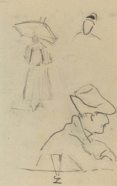 Eine Person mit einem Regenschirm und ein sitzender Mann mit Hut und Glas [verso] von Paul Gauguin