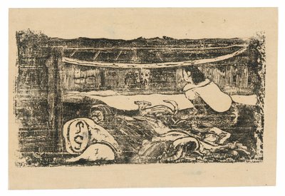 Inneres einer tahitianischen Hütte, aus der Suite der späten Holzschnittdrucke von Paul Gauguin