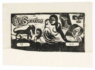 Drei Personen, eine Maske, ein Fuchs und ein Vogel, Kopfstück für Le sourire von Paul Gauguin