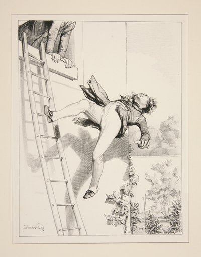 Und Jean ging, wie er gekommen war, durchs Fenster... von Paul Gavarni