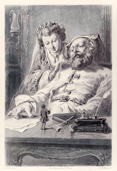 Frontispiz aus der französischen Ausgabe von Gullivers Reisen von Jonathan Swift: Ich beantwortete die Fragen des Königs richtig, Gulliver und der König und die Königin von Brobdingnag von Paul Gavarni