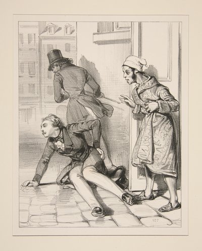Monsieur Victor, der unter einem bestimmten Fenster flanierte, erhielt von Monsieur Prosper eine Menge Stockhiebe. von Paul Gavarni