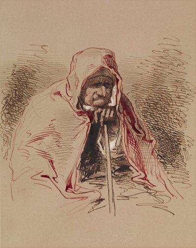 Alte Dame im roten Schal von Paul Gavarni