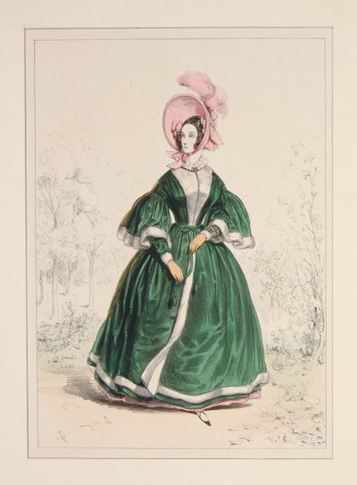 Pelisse aus grobem Gewebe, gefüttert mit Satin und mit Krepp besetzt. Plüschhut. von Paul Gavarni