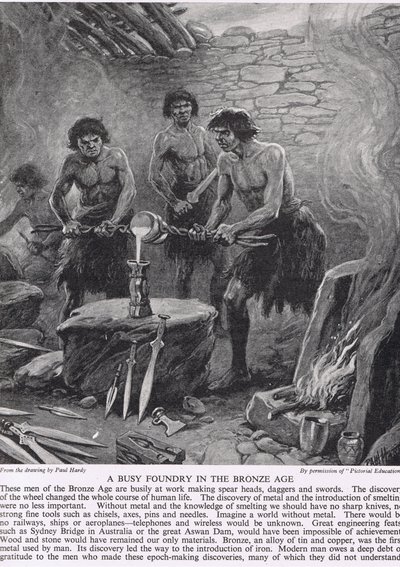 Eine geschäftige Gießerei in der Bronzezeit, Illustration aus 