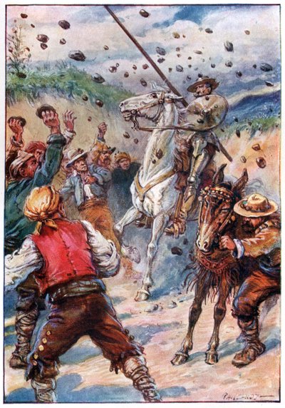 Sie bewarfen Don Quijote mit einem Steinhagel, Illustration aus 