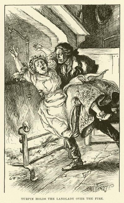 Turpin hält die Wirtin über das Feuer (Gravur) von Paul Hardy