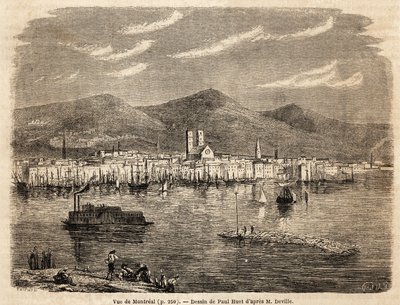 Ansicht von Montreal, Zeichnung von Paul Huet (1803-1869), zur Illustration der Reisen nach Nordamerika in den Jahren 1854-1855, von L. Deville. Gravur in „Le tour du monde“ 1861. Sammlung Selva. von Paul Huet