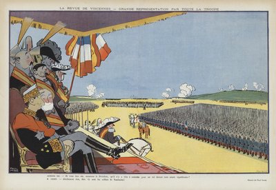 Besuch von König Alfons XIII. von Spanien in Paris: Militärparade in Vincennes. Illustration für Le Rire von Paul Iribe