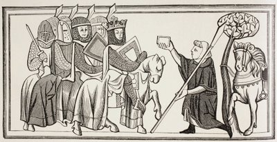 Ein Bote kommt mit einer Nachricht für einen König, der an der Spitze seiner Armee steht. Nach einer Illustration in einem Manuskript aus dem 13. Jahrhundert von Paul Lacroix