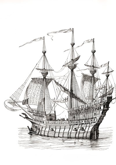 Kriegsschiff, das König Heinrich VIII. 1520 von England nach Frankreich brachte, für sein Treffen mit König Franz I. auf dem Feld des Goldenen Tuchs. Nach einer Zeichnung von Holbein von Paul Lacroix