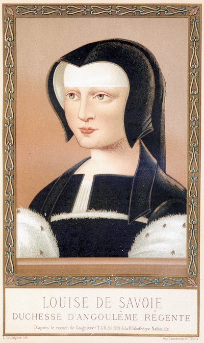 Porträt von Louise de Savoie (1476-1531), Herzogin von Angouleme und Regentin von Frankreich. Chromolithographie aus „Louis XII und Anne de Bretagne“ von Paul Lacroix, ed. Georges Hurtrel von Paul Lacroix