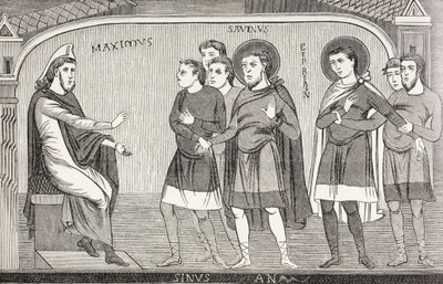 Heilige Savin und Cyprian bekennen sich vor Prokonsul Galerius Maximus als Christen. Nach einem Fresko aus dem 11. Jahrhundert in der Kirche von St. Savin, Vienne, Frankreich von Paul Lacroix